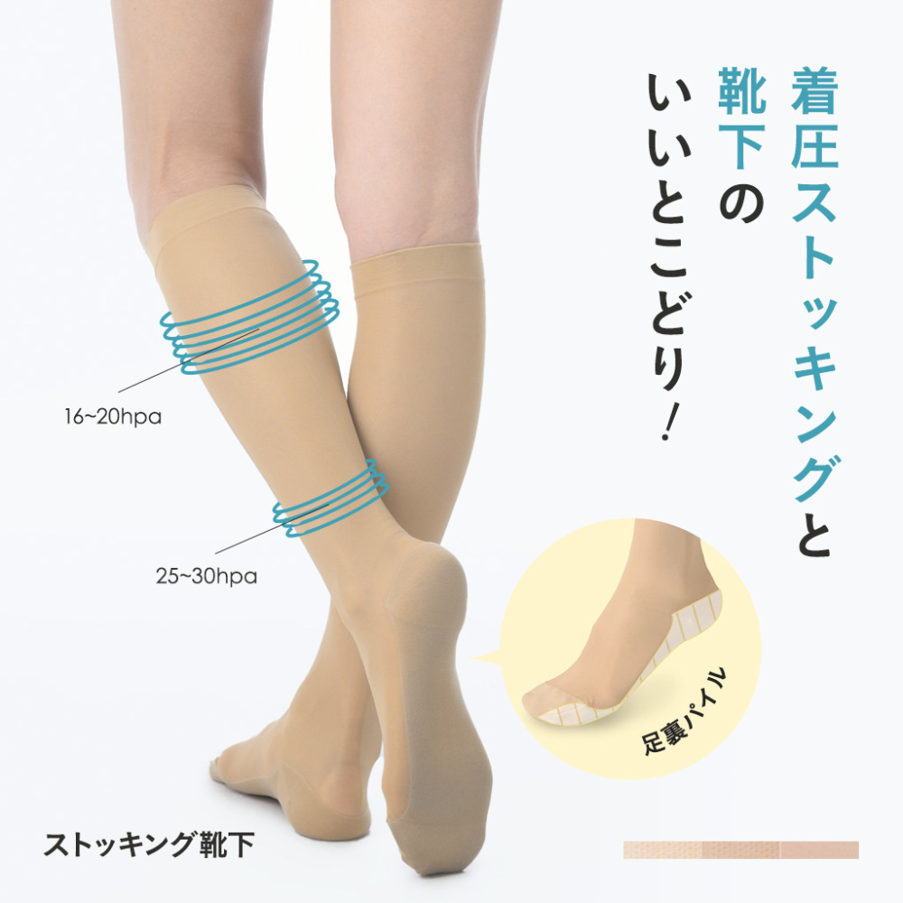 パイル素材 着圧ソックス 弾性ソックス 着圧ストッキング ハイソックス ひざ下 着圧 美脚ケア 医療用編機  日本製 <br>【魔法のキュットスリム・ストッキング靴下】