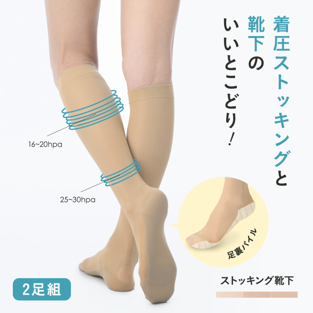 【2足セット】パイル素材 着圧ソックス 弾性ソックス 着圧ストッキング ハイソックス ひざ下 着圧 美脚ケア 医療用編機  日本製 <br>【魔法のキュットスリム・ストッキング靴下（2足セット）】