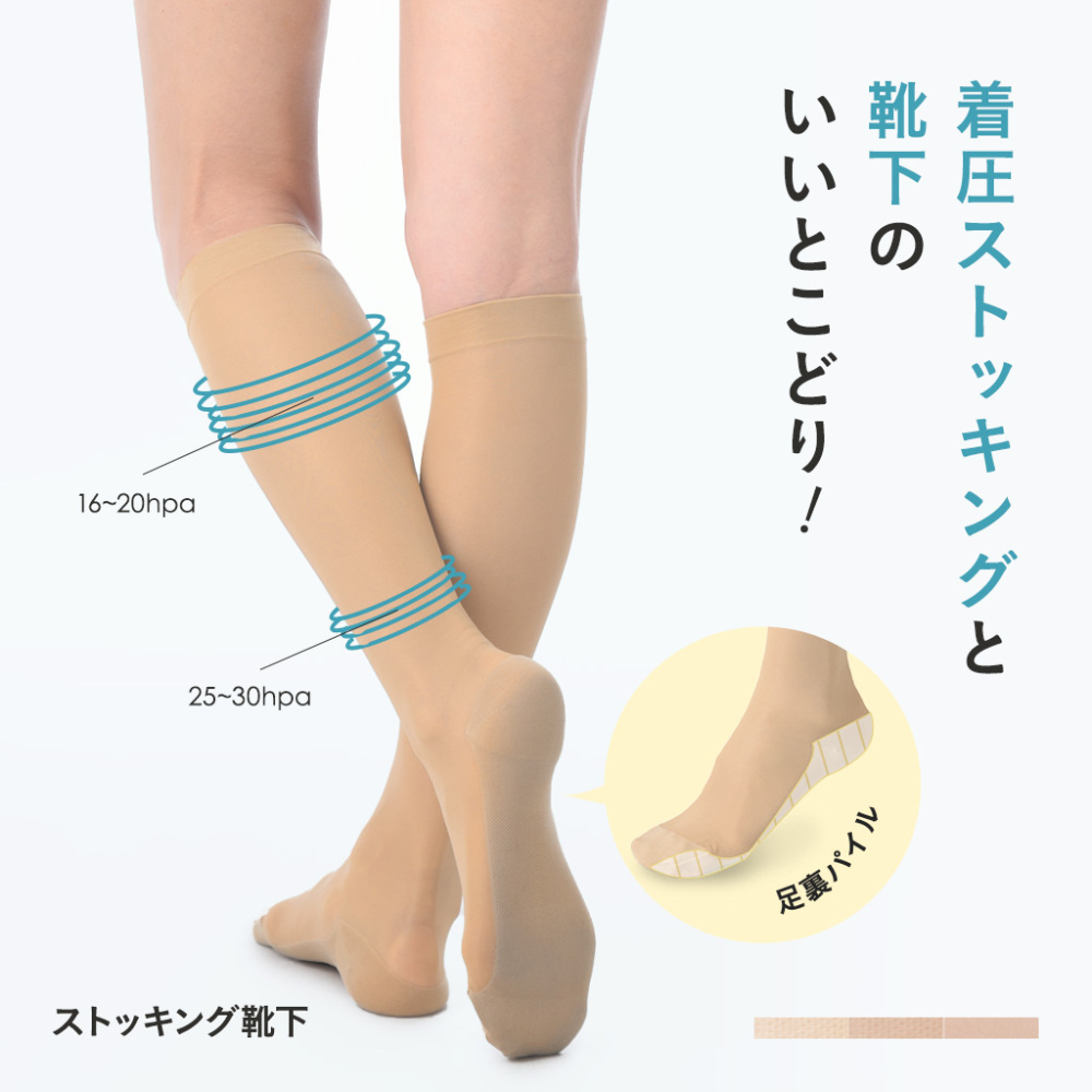 パイル素材 着圧ソックス 弾性ソックス 着圧ストッキング ハイソックス ひざ下 着圧 美脚ケア 医療用編機  日本製 <br>【魔法のキュットスリム・ストッキング靴下】