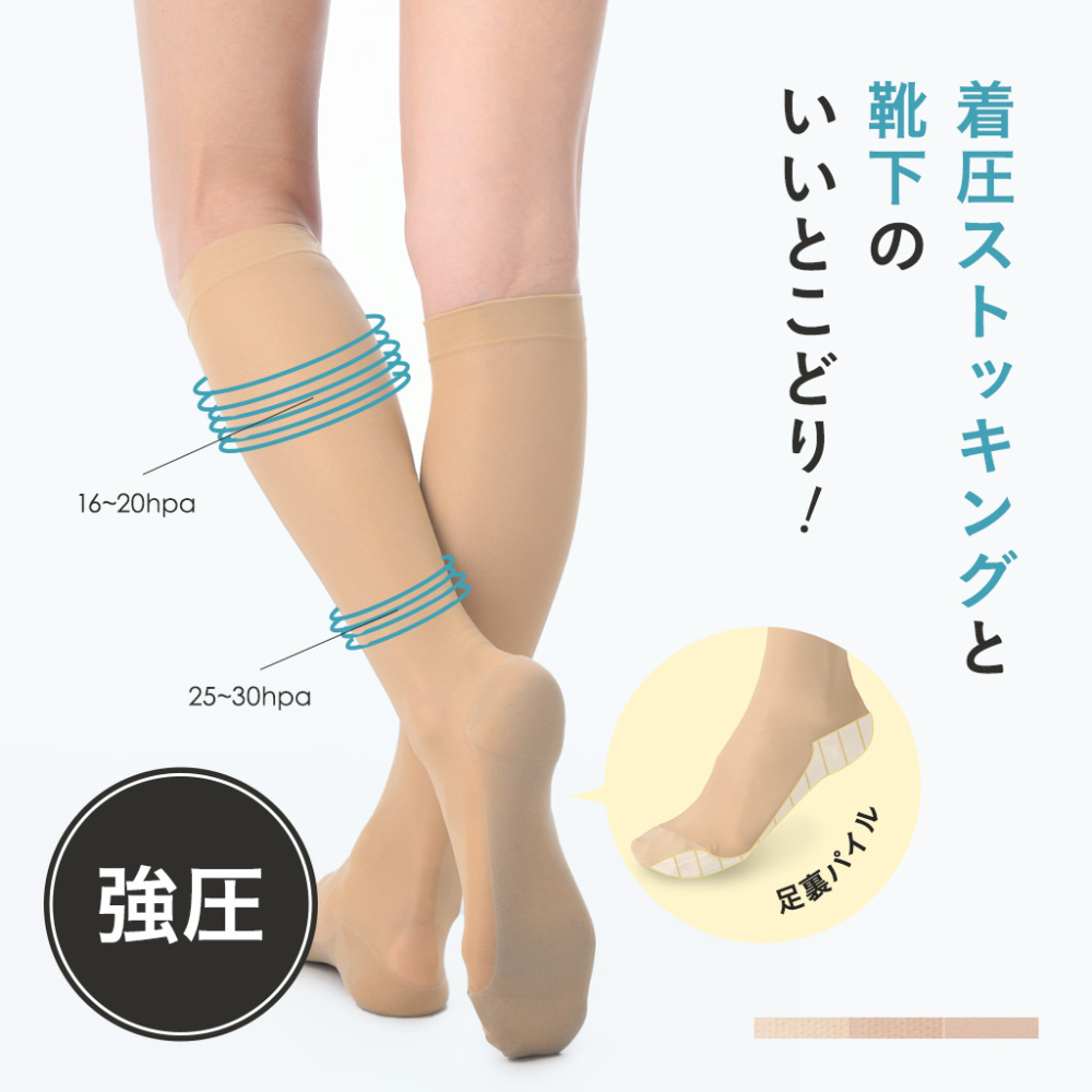 パイル素材 着圧ソックス 弾性ソックス 着圧ストッキング ハイソックス ひざ下 着圧 美脚ケア 医療用編機  日本製 <br>【魔法のキュットスリム・ストッキング靴下】