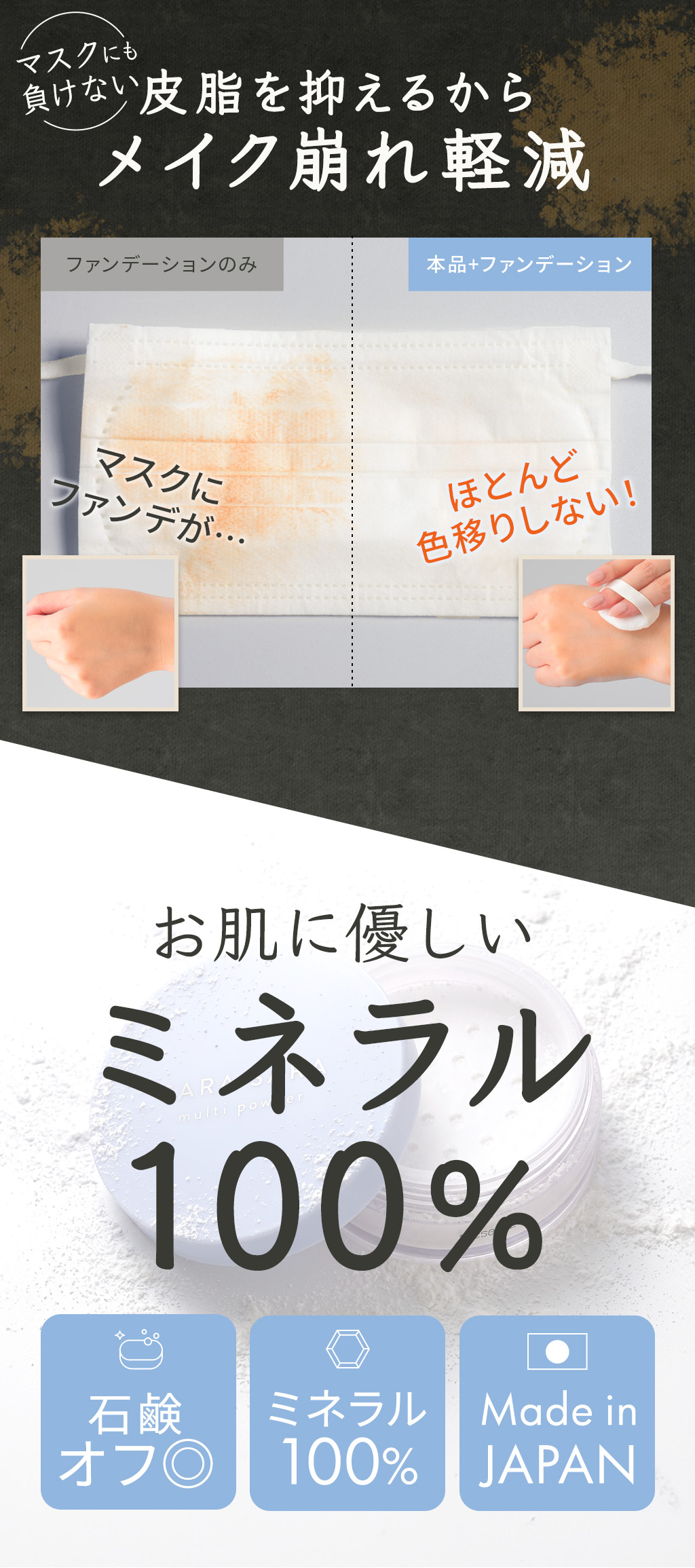 当社独自のシルキースキンパウダーで圧倒的なメイクキープ力