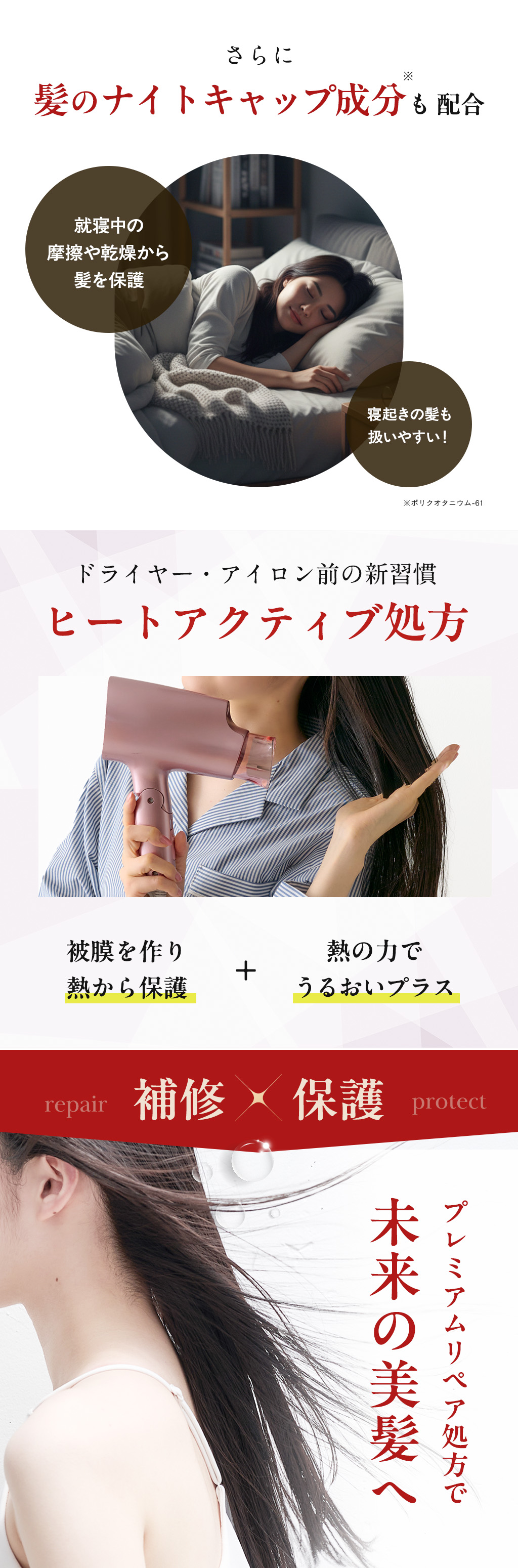 髪のナイトキャップ成分、ヒートアクティブ処方、プレミアムリペア処方で未来の美髪へ