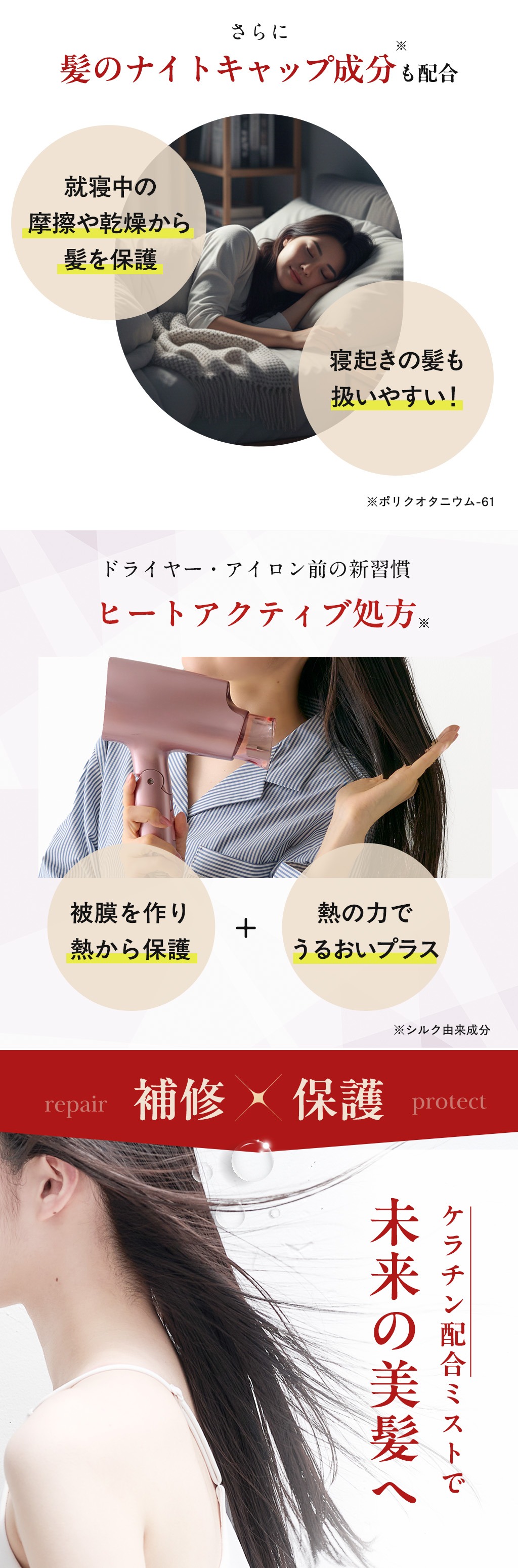 髪のナイトキャップ成分、ヒートアクティブ処方、プレミアムリペア処方で未来の美髪へ