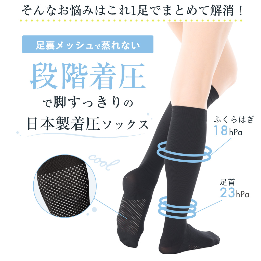 足裏メッシュで蒸れない段階着圧で脚すっきりの日本製着圧ソックス